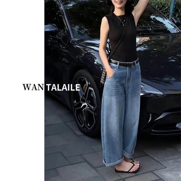 大码女装水洗阔腿牛仔裤早秋新款胖mm宽松显瘦松弛感百搭九分裤子