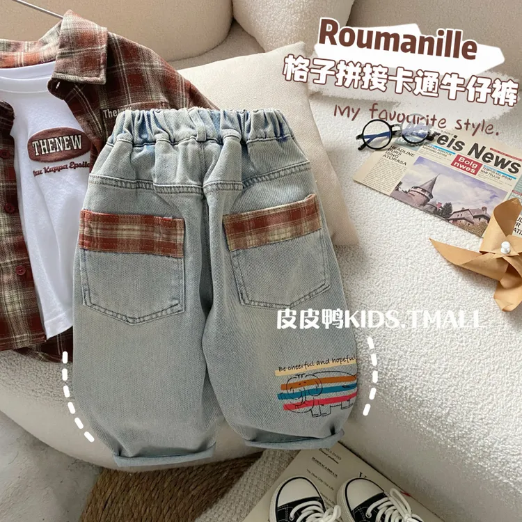 男童春季新款牛仔裤宝宝格子拼接洋气休闲裤中小童韩版外穿长裤潮