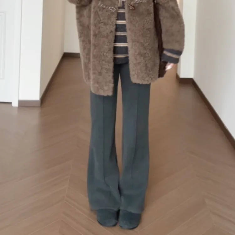 【冰封棠梨】加绒时尚百搭舒适松紧腰显瘦厚款拖地休闲微喇裤子女