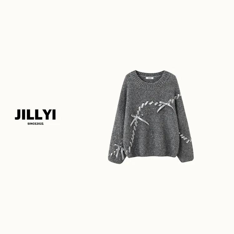jillyi【缎带蝴蝶】灰色圆领绑带工艺少女气质时尚百搭针织衫