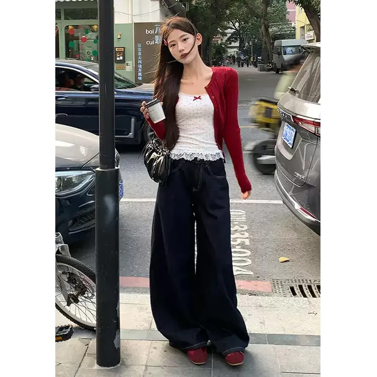 美式原牛ins风阔腿牛仔裤女百搭极简风老钱风蓝灰色加绒加厚牛仔
