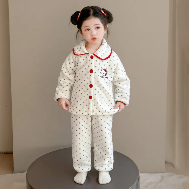 儿童KT猫睡衣女童秋冬款新款宝宝加厚珊瑚绒套装保暖小女孩家居服