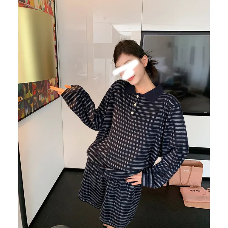 【泡芙专属】【繆系港女】一套入懒人穿搭*Polo条纹针织套装百搭休闲慵懒风