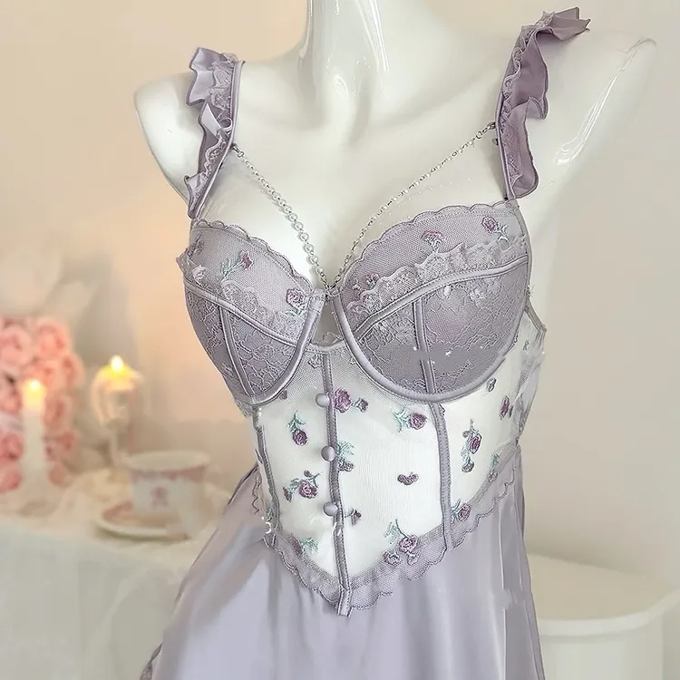 轻奢性感蕾丝甜美睡衣加胸垫缎面吊带睡裙家居服套装深V法式