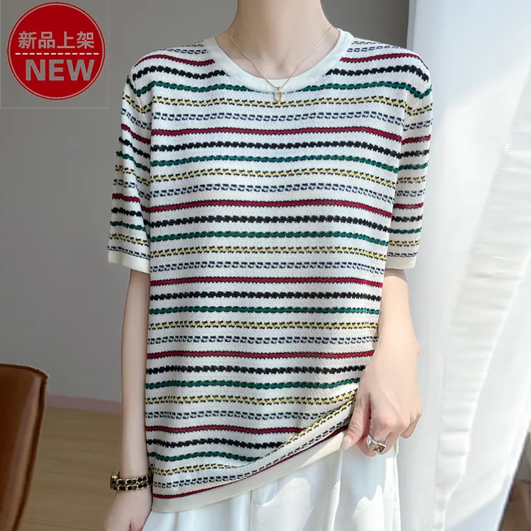 哥弟阿玛施正品轻盈细腻透气彩色条纹薄款短袖洋气百搭休闲针织衫
