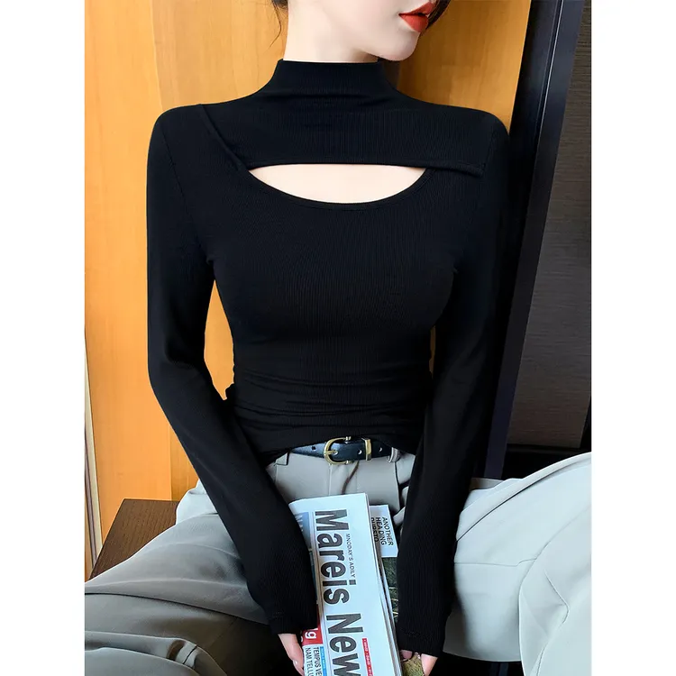 半高领打底衫女内搭2025新款春秋洋气黑色内搭镂空小心机显瘦上衣
