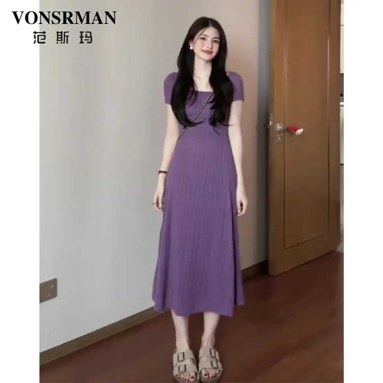 大码法式复古方领连衣裙女2025夏季新款胖mm小香风气质收腰长裙子