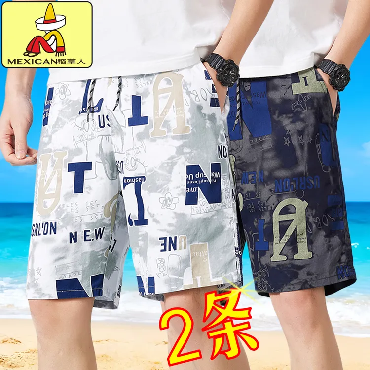 稻草人夏季薄款纯棉透气宽松运动直筒五分沙滩裤时尚休闲短裤男士商品图