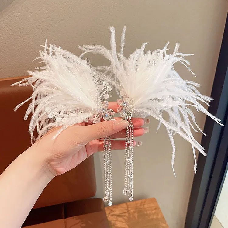儿童高颜值仙美羽毛发夹女童蝴蝶流苏对夹公主宝宝水钻发卡头饰品