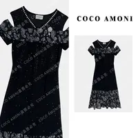 [曼姐]爆款露肩设计高级感气质女装拼接满天星显瘦连衣裙AC089