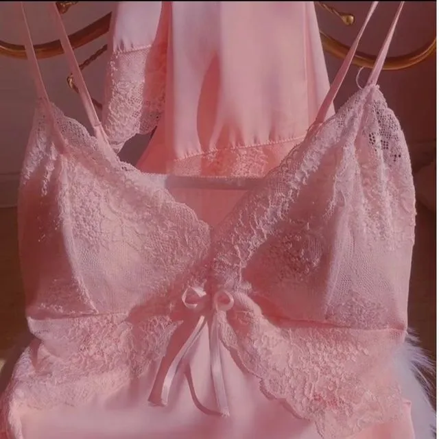 春秋季性感睡衣女薄款冰丝绸吊带睡裙睡袍两件套装带胸垫蕾丝花边