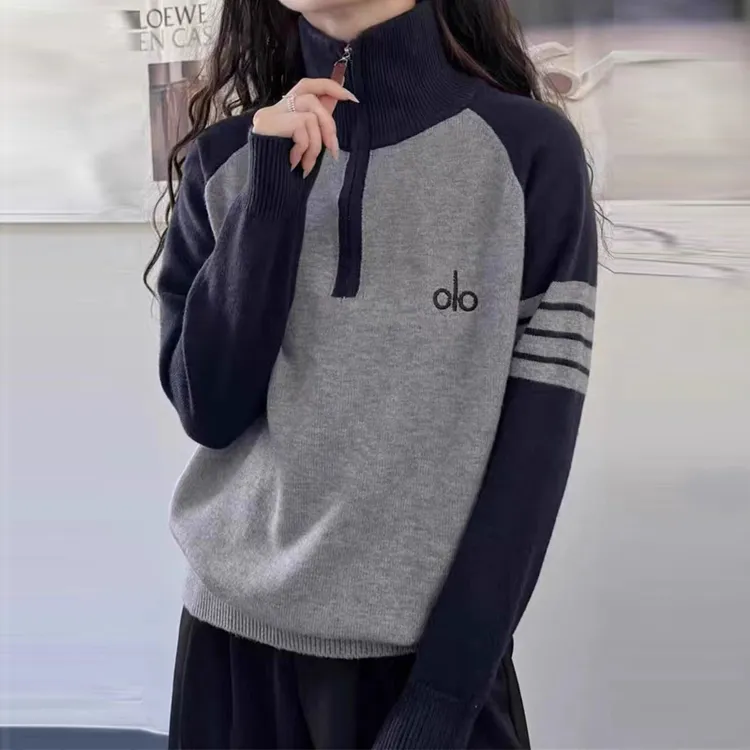 初中生半拉链立领拼色毛衣女大童中学生针织上衣青少年内搭打底衫