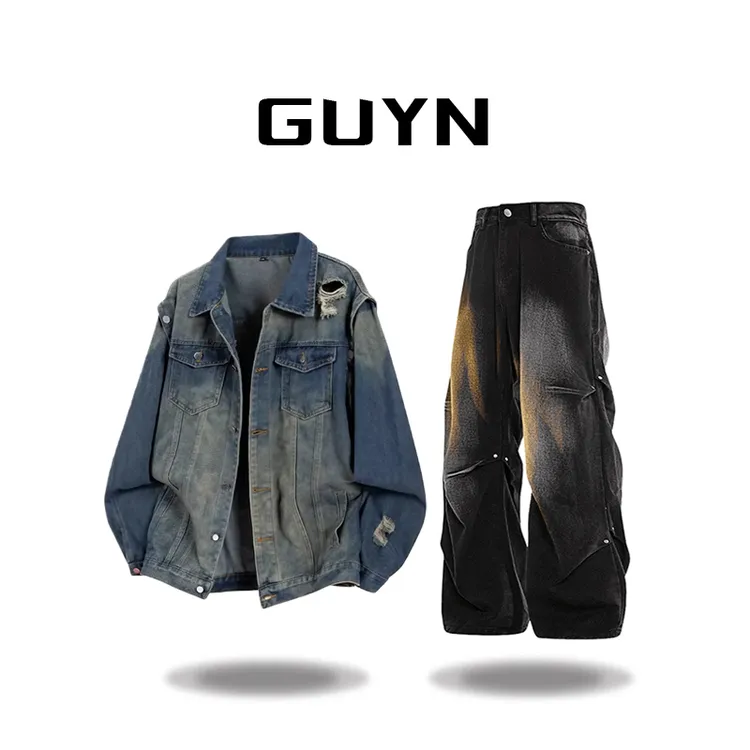 【品牌正品现货】GUYN港风复古潮流破洞牛仔夹克秋季新款男士外套