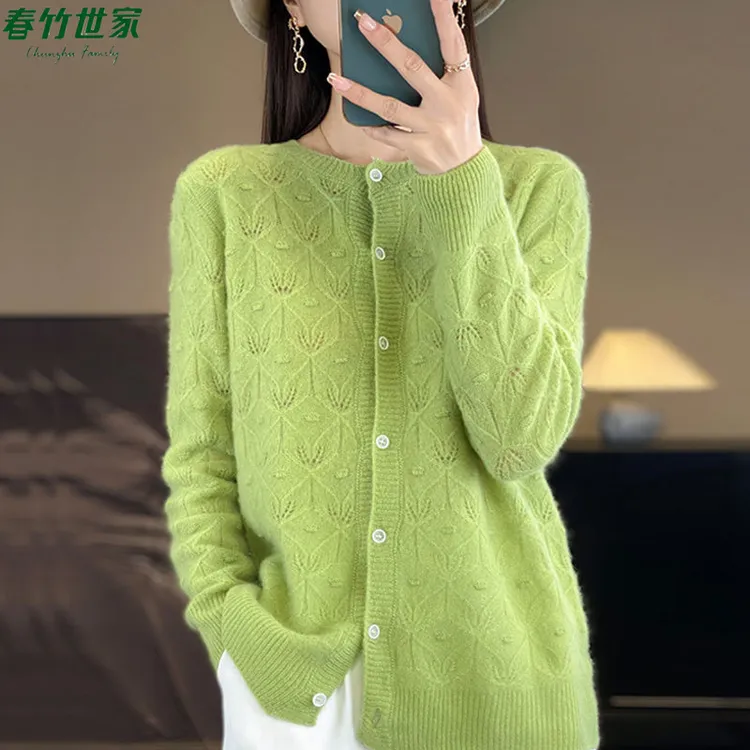 春竹世家女士圆领100%纯羊毛纯色镂空提花宽松针织羊绒百搭上衣潮