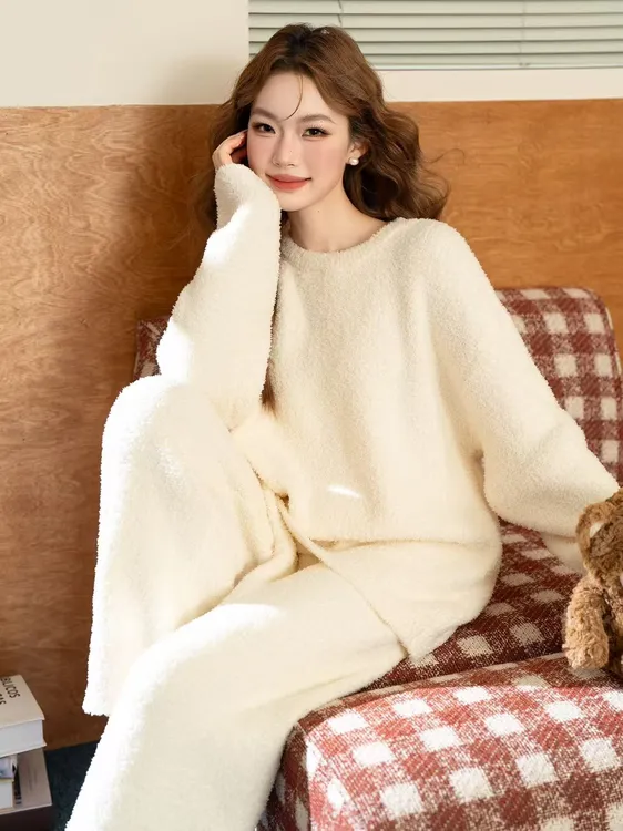 【保暖搭子】简约宽松加绒睡衣秋冬家居服半边绒家居服套装
