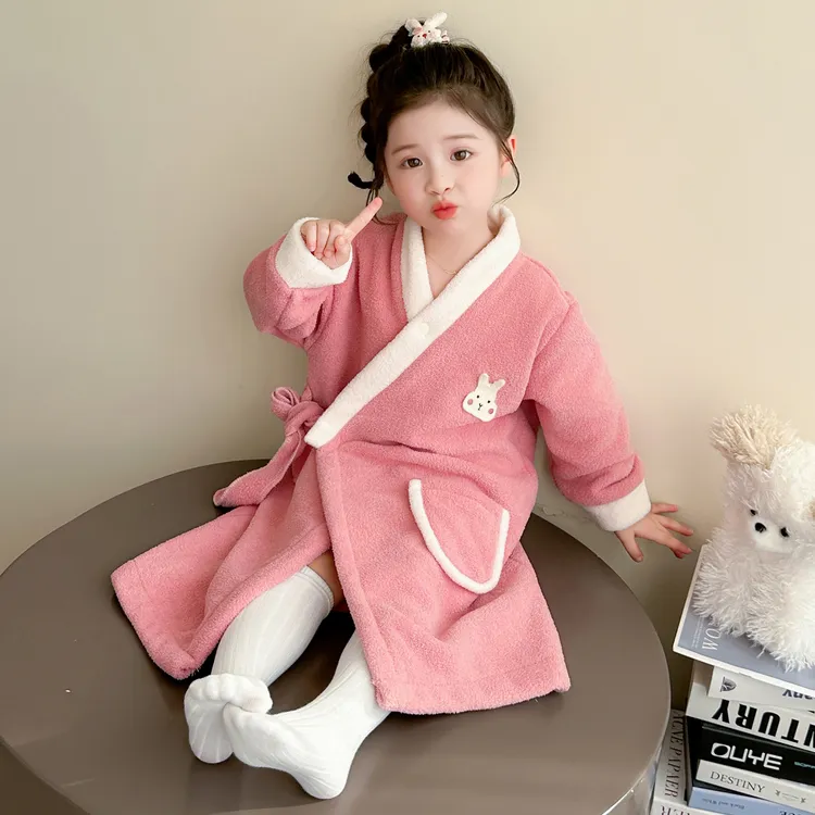 女童睡袍冬季儿童浴袍珊瑚绒加厚款系带可穿式女孩宝宝家居服睡衣