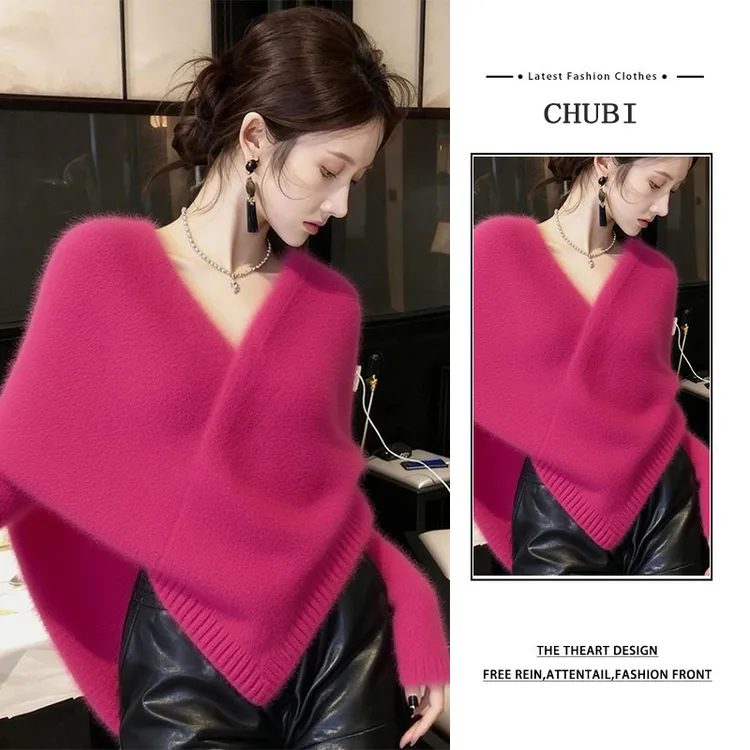 玫红色不规则针织毛衣时尚设计感皮短裤两件套女2025新款韩系穿搭