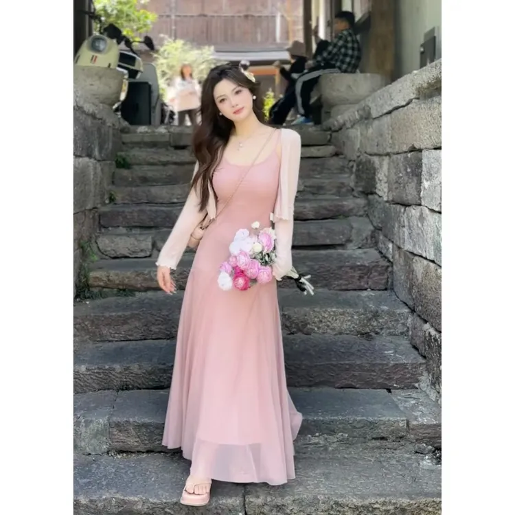 M u子酱微胖定制法式温柔感粉色收腰纱裙+防晒开衫上衣WP9676