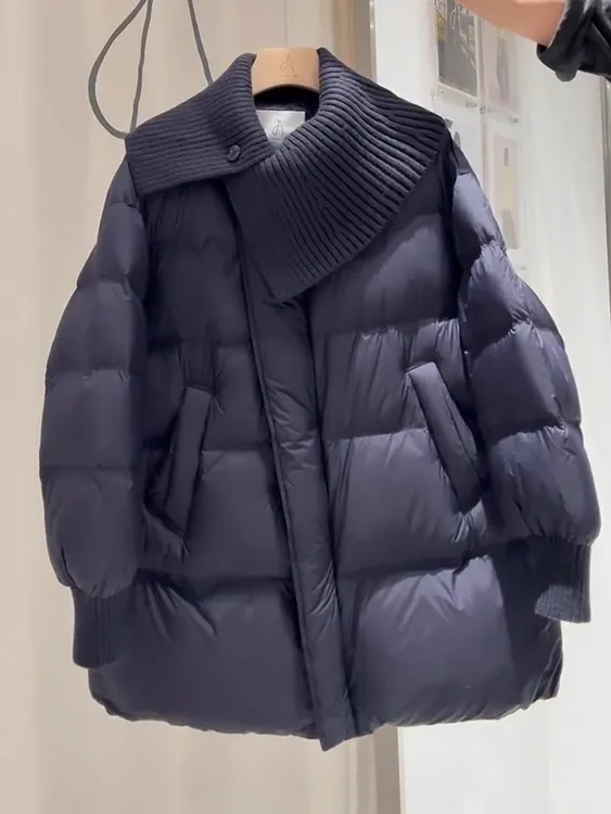 藏蓝色针织披肩泡芙设计感2025冬季新款气质中长保暖棉服棉衣外套