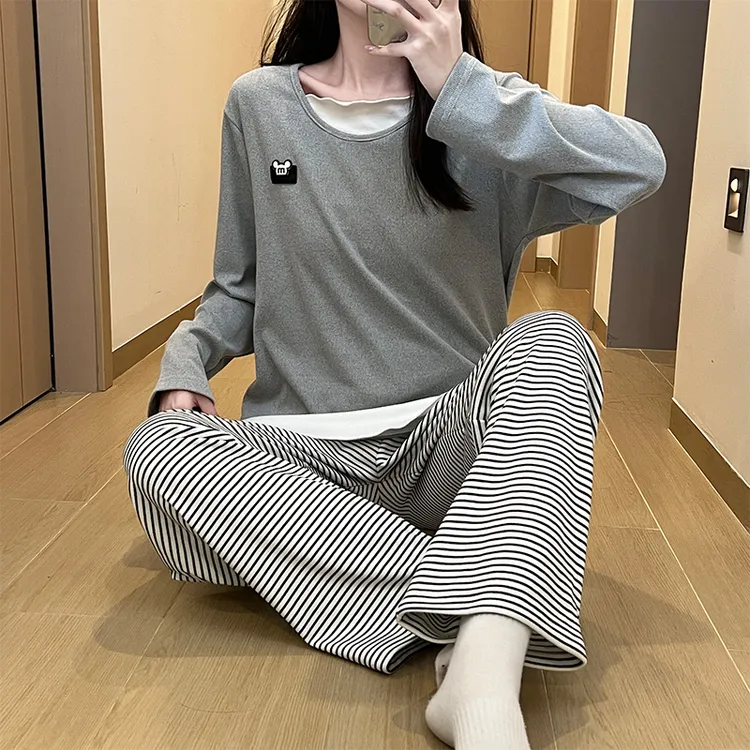 Meng luan/梦鸾宽松简约春秋长袖睡衣女士秋冬季可外穿家居服套装