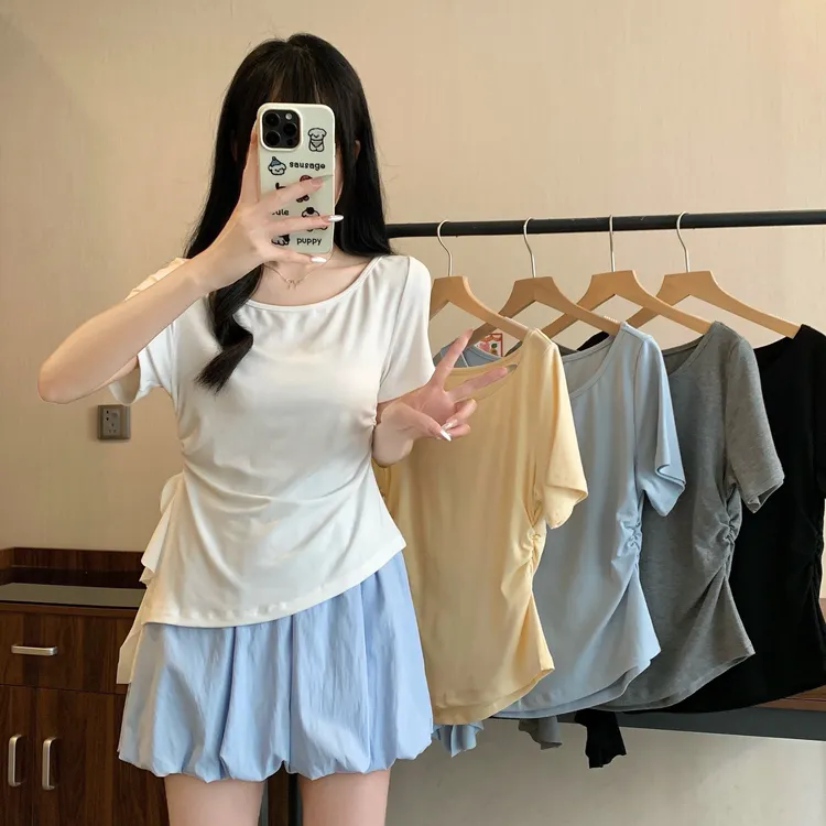 大码女装新款荷叶边抽绳收腰短袖T恤上衣3191