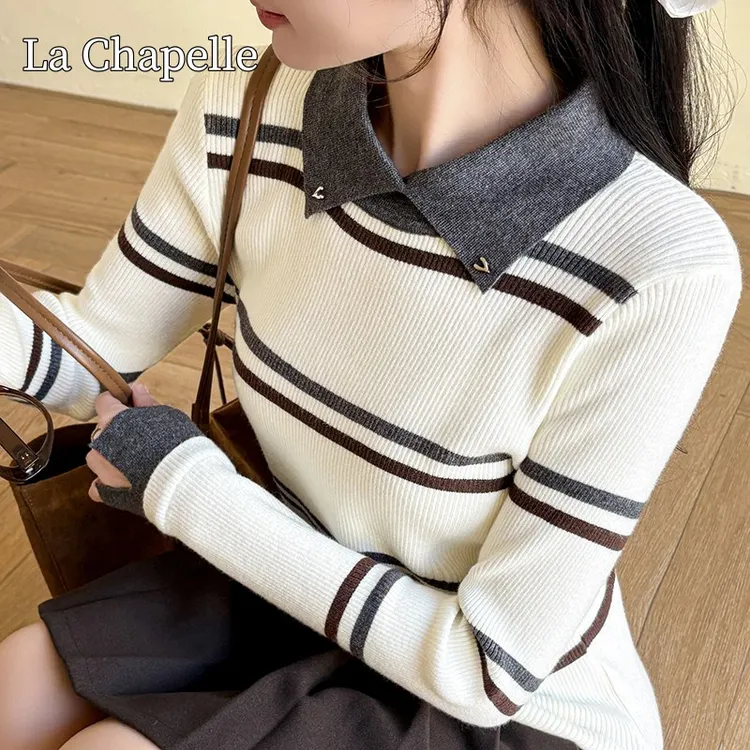 拉夏贝尔秋冬毛衣polo领套头条纹针织衫女加厚翻领打底衫内搭外穿