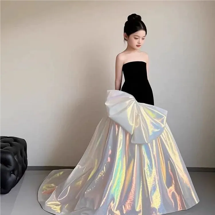 2025新款女童T台公主裙高级黑色抹胸礼服气质长裙走秀钢琴演出
