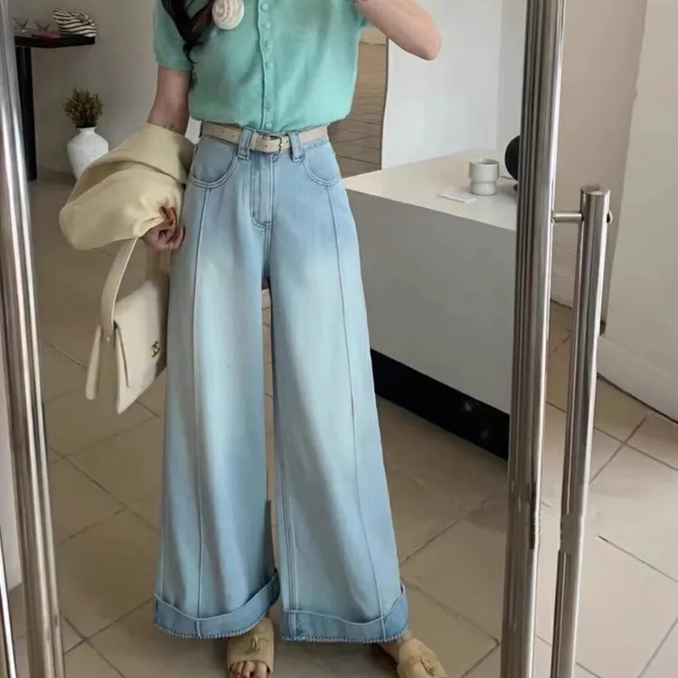 卷边九分阔腿牛仔裤女2025春季新款梨形身材显瘦薄款夏季直筒裤子