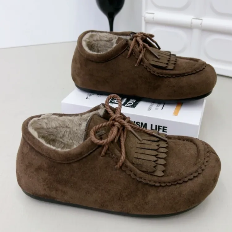 圆头平底乐福鞋冬季加绒加厚保暖二棉鞋女士休闲鞋流苏新款袋鼠鞋