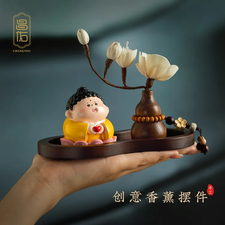 原创好运莲莲小如来汽车摆件天然胡桃木男士高端中控台汽车摆件