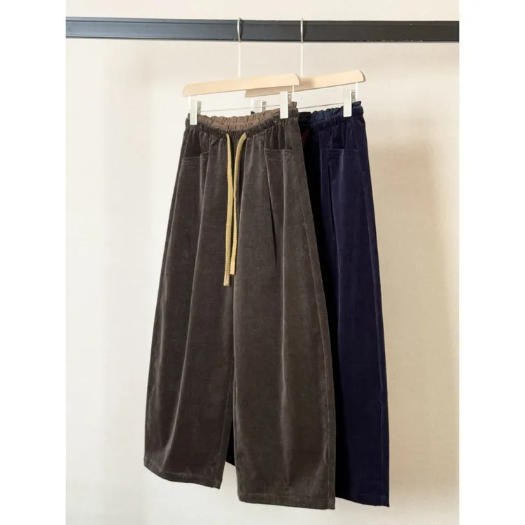 小个子美拉德咖色花苞腰灯芯绒阔腿裤女秋冬大码九分抽绳弯刀裤子