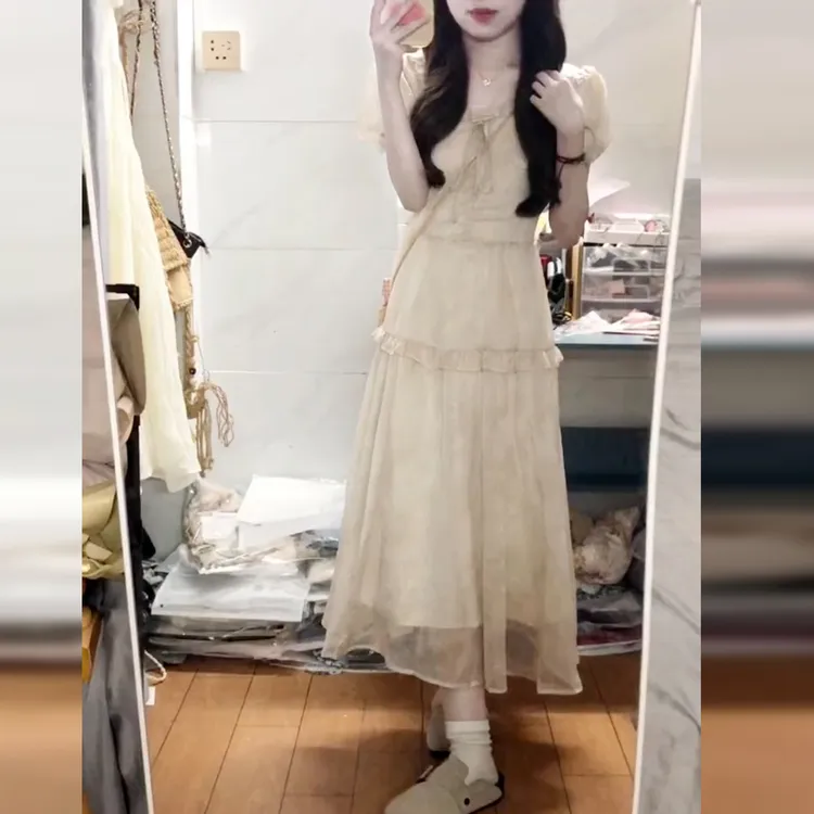 茶歇法式甜美泡泡袖连衣裙子女2025年新款夏季高级感气质洋气长裙