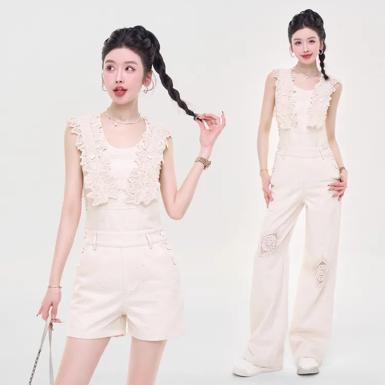 毛妮Peshe【洛克曼史】蕾丝工装背带裤连体双口袋高腰阔腿裤L1692