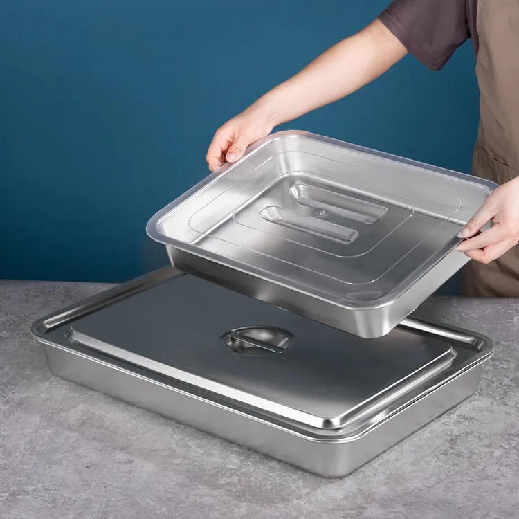304不锈钢平底方盆带盖快餐店备菜盘长方形加深托盘特大号方盒子