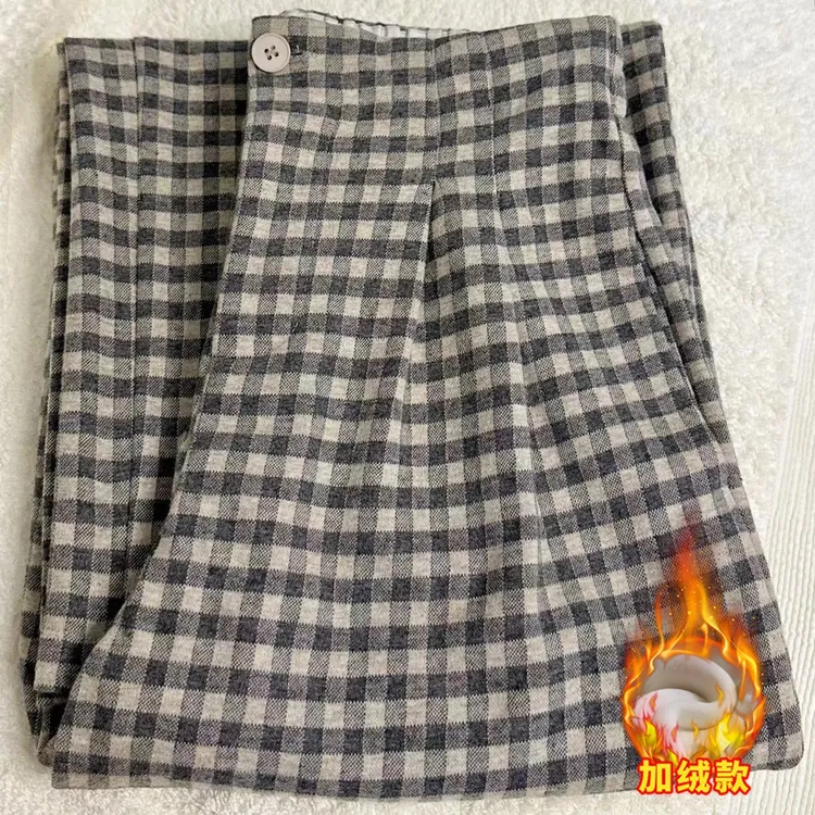 冬季加绒加厚格子西装阔腿裤女小个子高腰宽松大脚拖地加长休闲裤