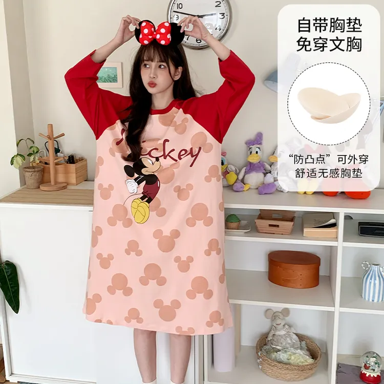 Disney/迪士尼春秋新款套头长袖纯棉带胸垫宽松休闲家居服0158