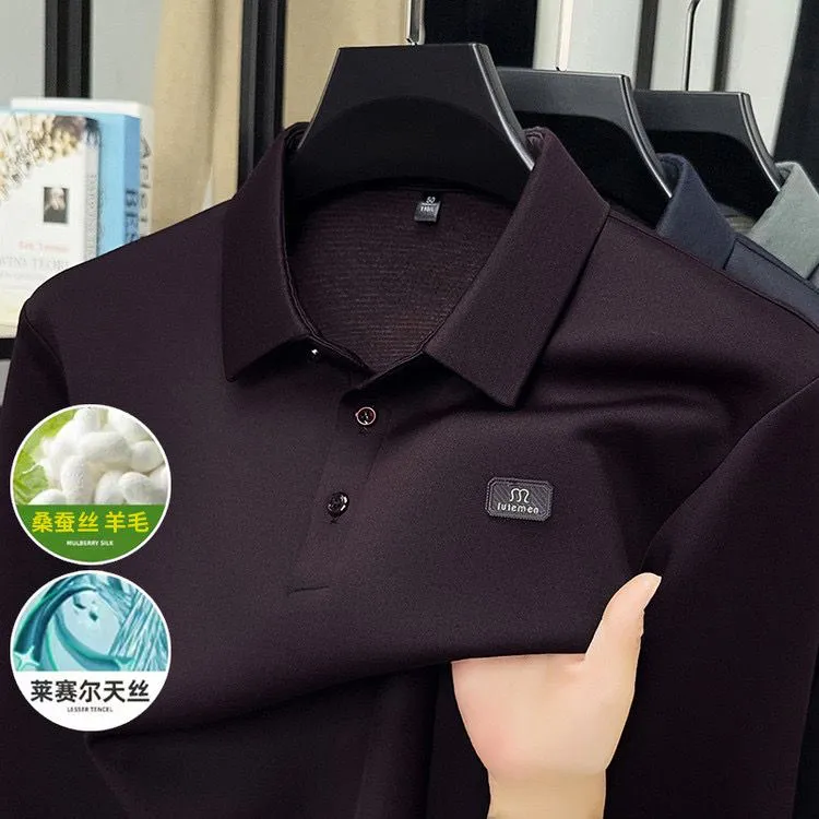 【秋季新品】男士高端有桑蚕丝绵羊毛翻领Polo衫长袖商务衣服t恤