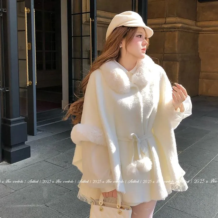 大码女装千金名媛风拼接毛呢斗篷外套女冬季2025保暖气质开衫上衣