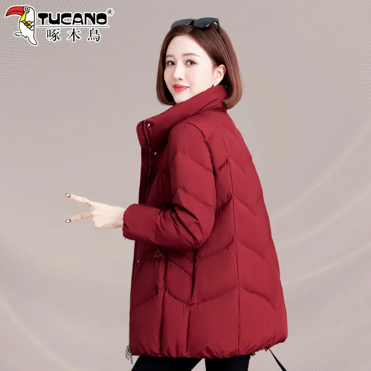 啄木鸟中长款羽绒服女冬小个子2025新款中年女士白鸭绒立领外套