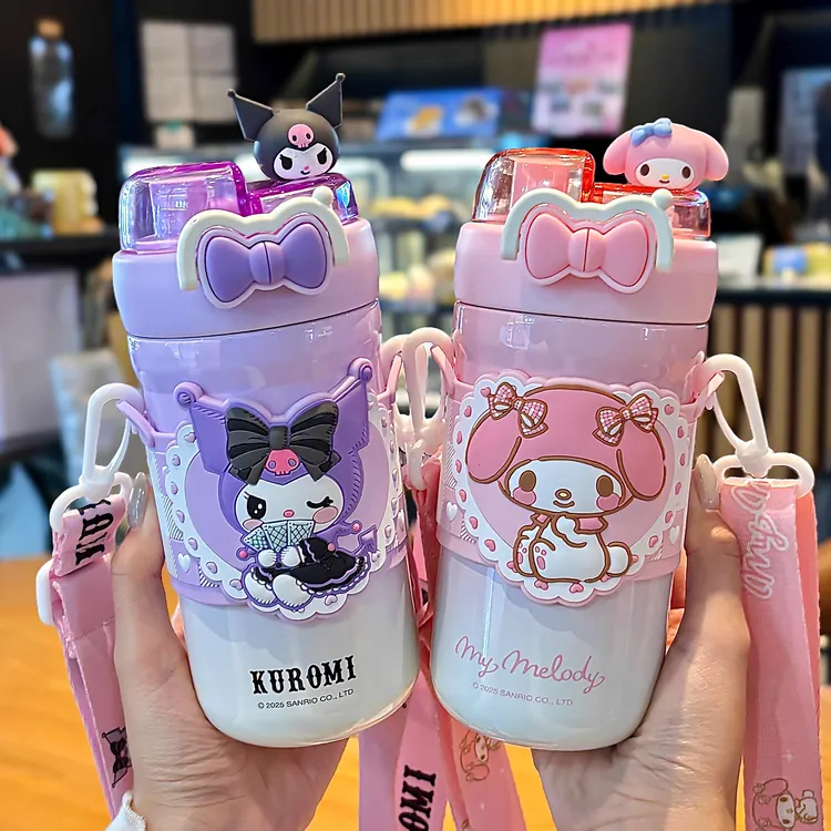 库洛米保温杯女生高颜值新款水杯带吸管学生上学专用儿童双饮杯子