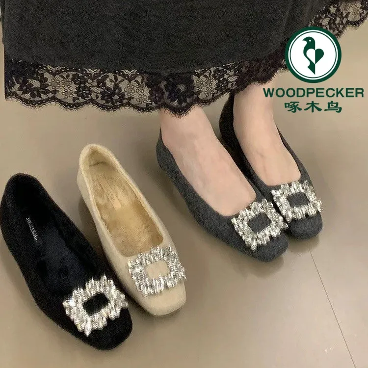 啄木鸟法式气质内增高加绒单鞋女2025秋冬季新款方头浅口水钻单鞋