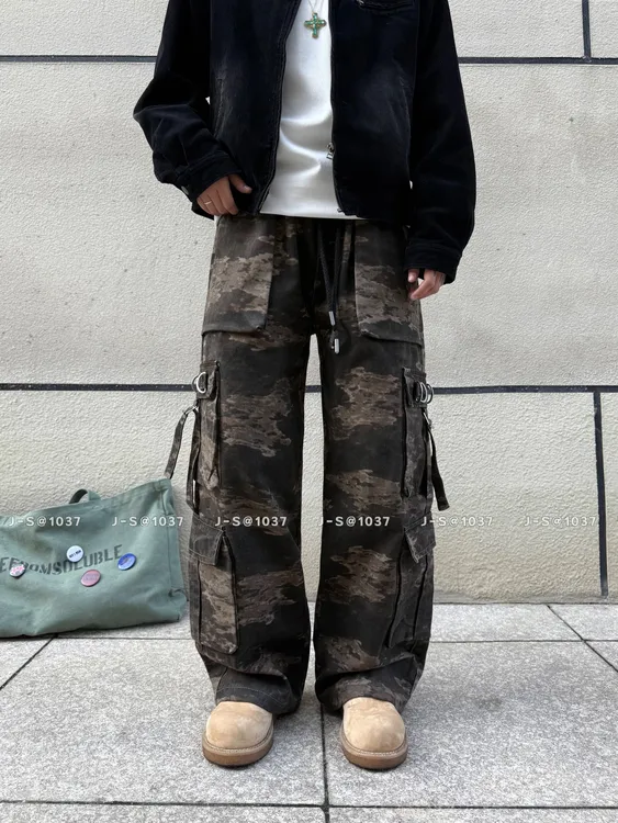 2025冬季加绒迷彩裤子撞色做旧牛仔裤多口袋工装裤
