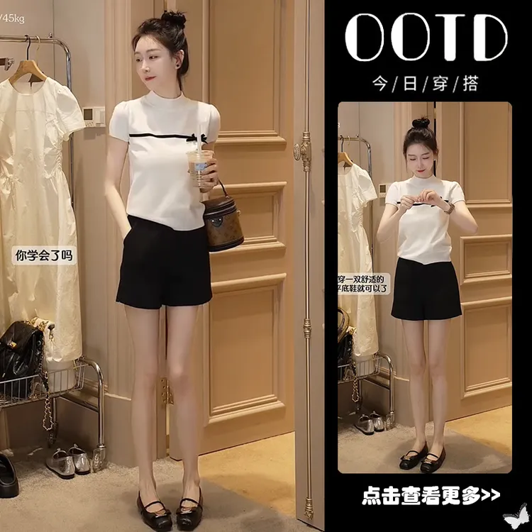 夏季穿搭一整套女2025新款韩版撞色蝴蝶结针织衫高腰短裤两件套