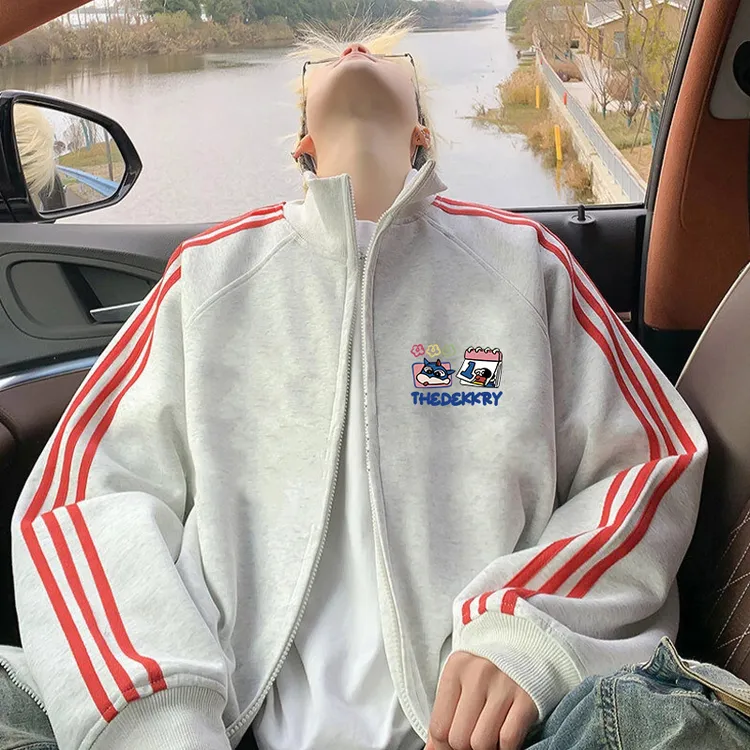 个性蜡笔小新印花三条杠开衫拉链卫衣休闲百搭秋冬立领情侣外套
