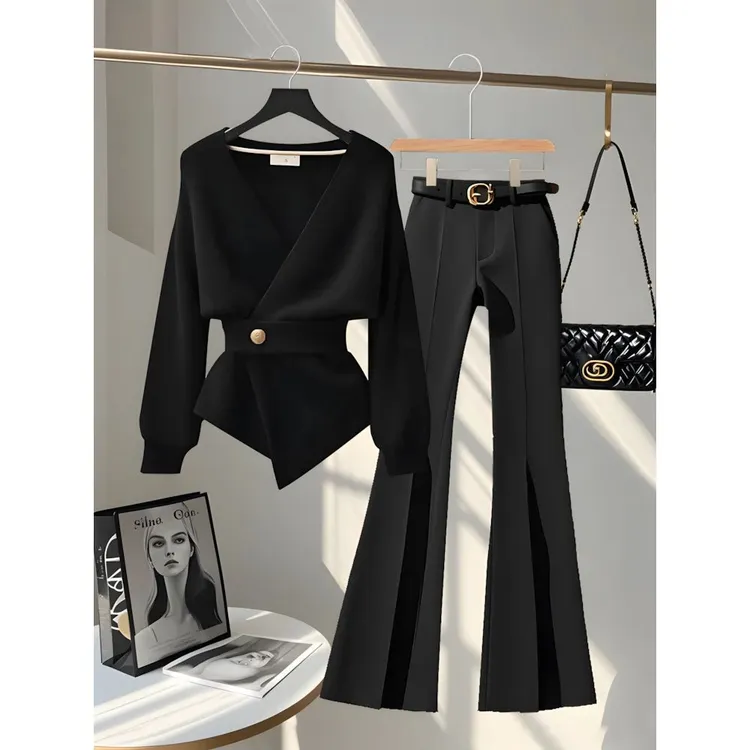 轻熟风气质秋冬套装新款收腰显瘦针织上衣休闲裤时尚小香风两件套