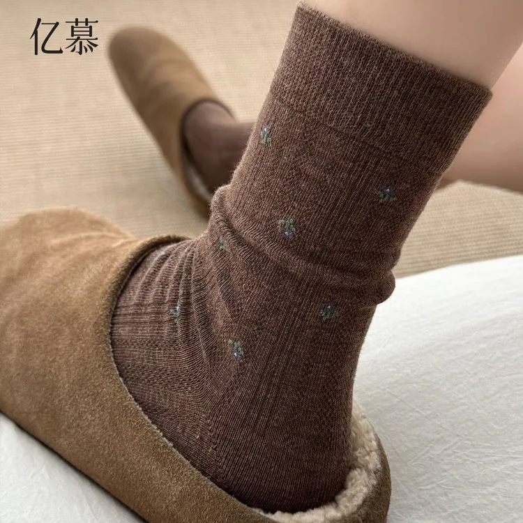 咖色袜子女春秋季纯棉中筒袜森系碎花韩版棕色长袜配勃肯鞋堆堆袜