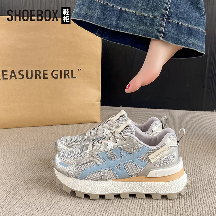 SHOEBOX鞋柜内增高网面阿甘鞋女2025新款夏季厚底透气运动板鞋