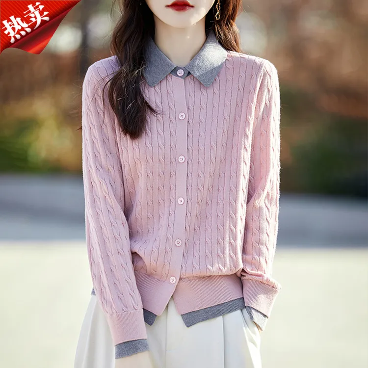 时尚品牌减龄娃娃领绞花撞色针织开衫女显瘦保暖外搭上衣冬