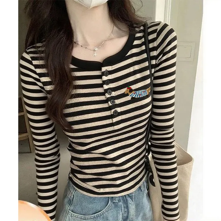 清仓捡漏~条纹双面德绒打底衫女秋冬2025修身显瘦美式复古长袖T恤