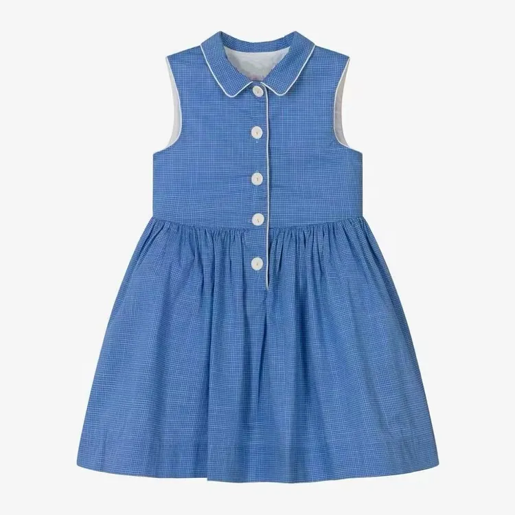 法单女童全棉蓝色全棉纯色格纹轻薄透气百搭裙子连衣裙